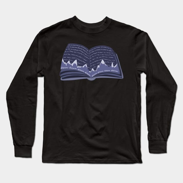 Dark blue, magic dreamer book with snowy mountains and the night sky with stars (for readers) Long Sleeve T-Shirt by loulou-artifex